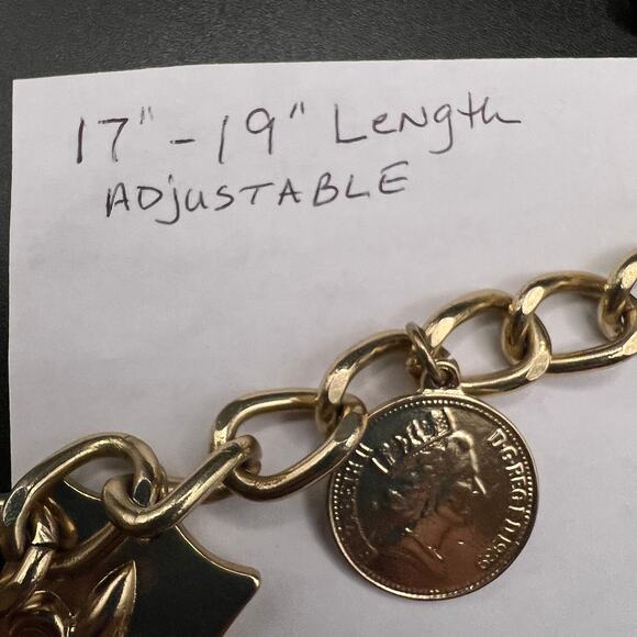 Gold tone charm coins necklace Fleur De Leis shield Queen Elizabeth statement - Picture 5 of 7